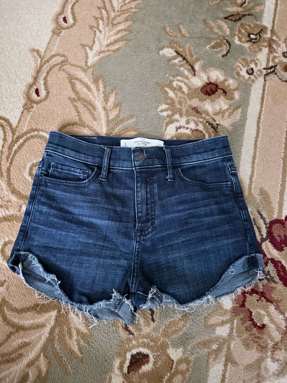 Abercrombie & Fitch Dark Blue High-Waist Frayed Denim Shorts